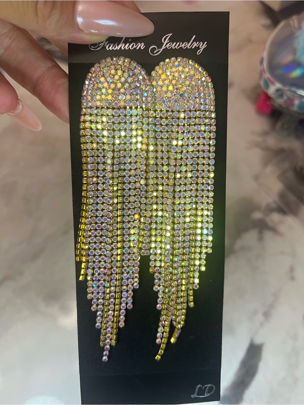 Fashion Jewelry Gold Iridescent Rhinestone Drape Earrings